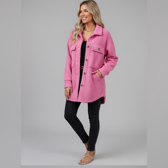 Flap Pocket Drop Shoulder Teddy Coat Jacket Pink - Picture 1 of 10